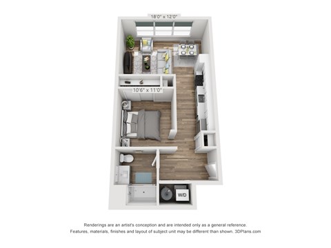 A floor plan of a small apartment with a living room, kitchen, and bedroom.